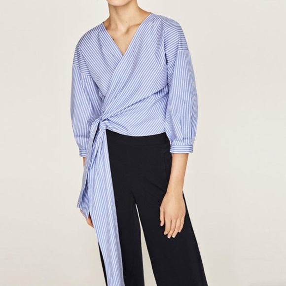 Zara Blue and White Wrap Around Top - Picture 1 of 6
